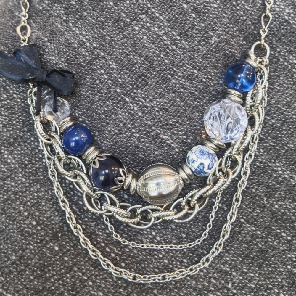 1928 Multi Strand Silver Necklace with blue and clear beads